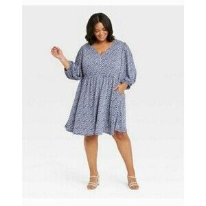 Ava & Viv Women’s 4X Blue Floral Long Sleeve V-Neck Midi Dress Plus Size Boho